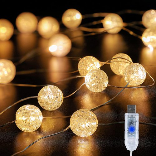 Globe String Lights - 10FT 30 LED Decorative Fairy Lights | 8 Modes Crystal Crackle Balls - Warm White