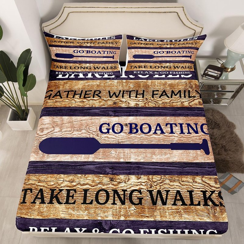 Lake House Sheet Set Queen Size, Paddle Retro Wood Grain Bed Sheets For Kids Teens Adult Women, Retro Rustic Farmhouse Fitted Sheet - Go Boating Flat Sheet - 2 Pillow Cases Lake Cabin Decor, Brown