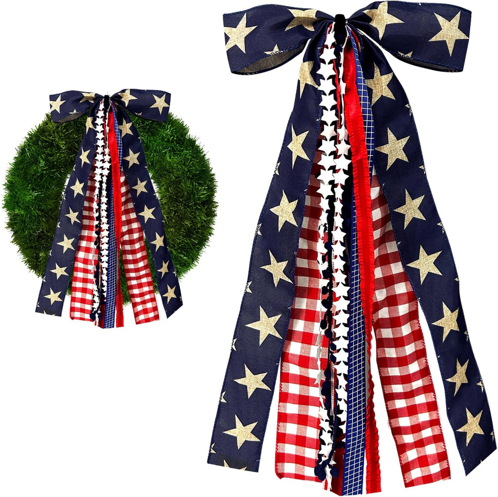Skiennix Large Patriotic Star Ribbon Bow - Red White Buffalo Plaid Fabric Set for 4th of July Decor