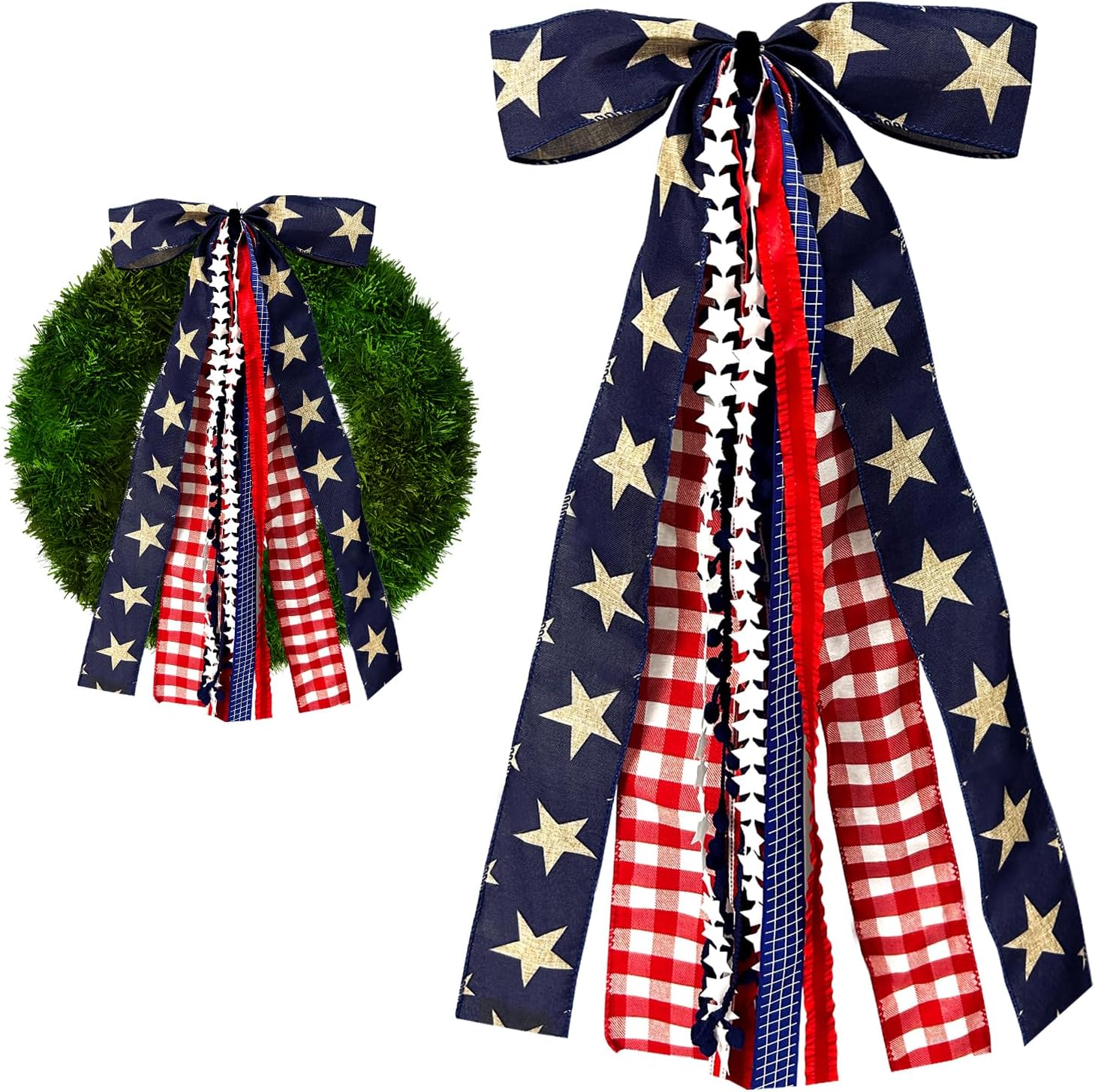 Skiennix Large Patriotic Star Ribbon Bow - Red White Buffalo Plaid Fabric Set for 4th of July Decor