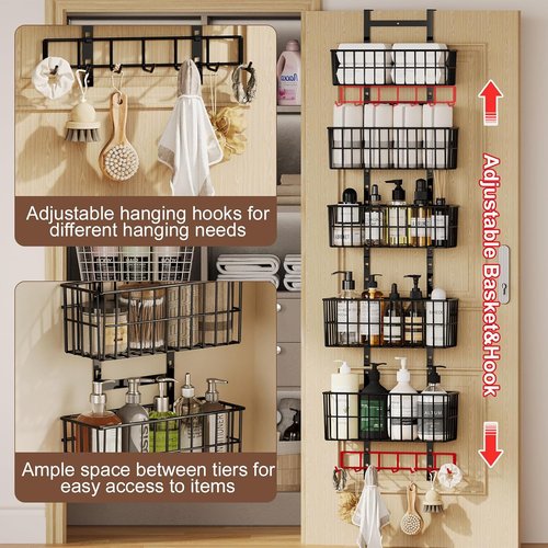 Hongtamoya Adjustable Over The Door Organizer - Metal Hanging Shelf with 5 Baskets & 7 Hooks | Black