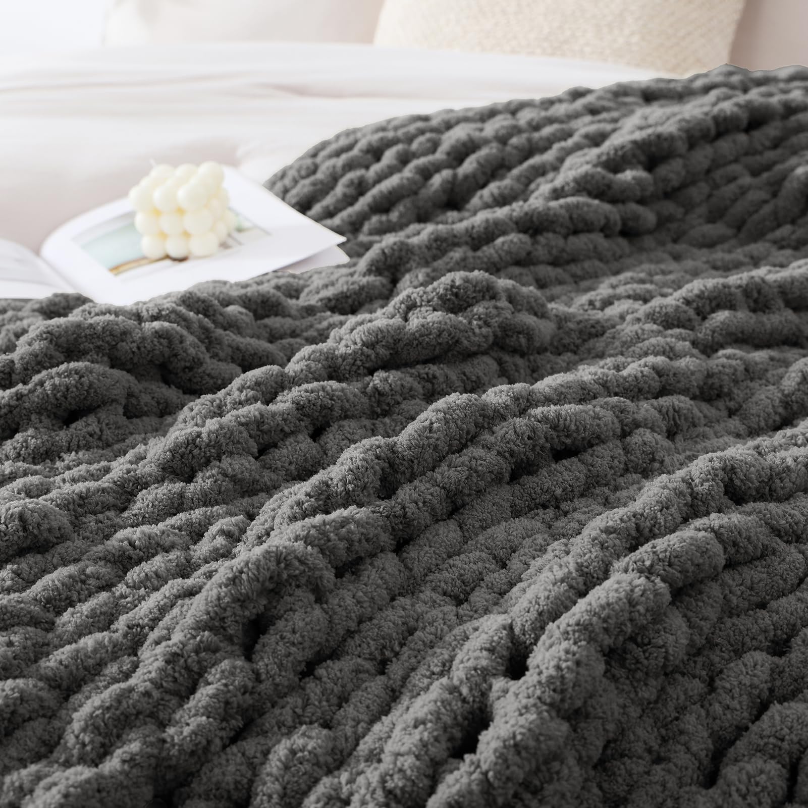 WRENSONGE Chunky Knit Blanket Throw Dark Grey Large Soft Fluffy Cable Knit Crochet Throw 100% Hand Knitted Blanket for Couch Bed(40"x40")