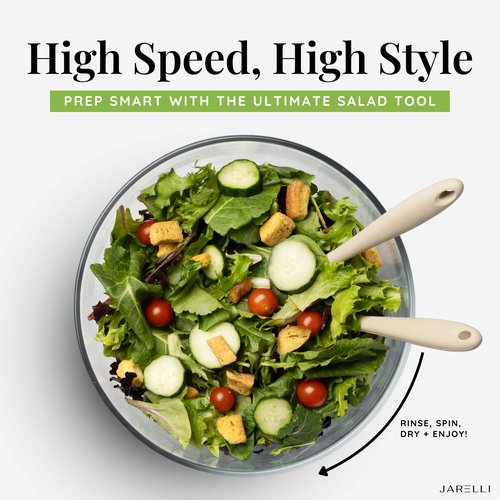 JARELLI Glass Salad Spinner Large Capacity 6.3QT with Storage Lid | Boroscilicate Glass Bowl and BPA-Free and Food-Safe Colander, Base, Spinner Lid and Storage Lid | Washing, Spinning, and Draining