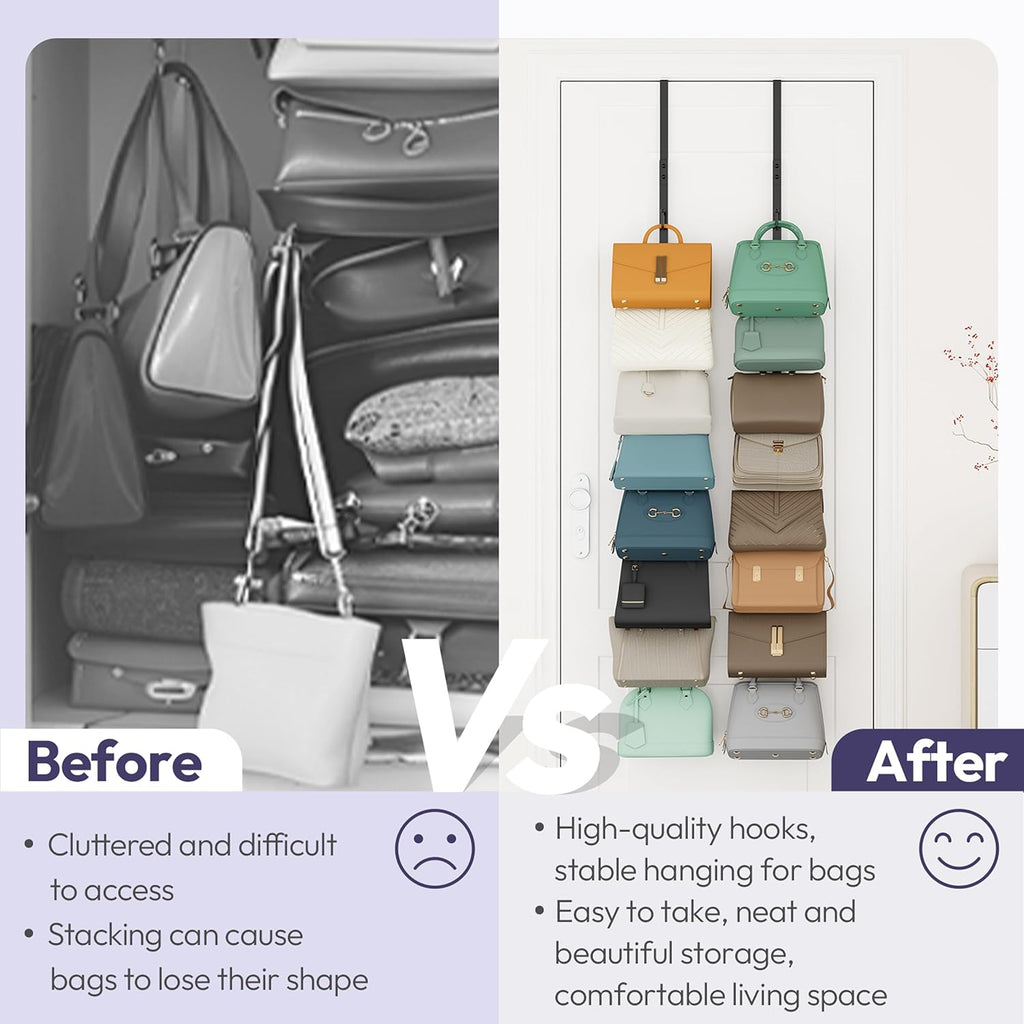 SWTYMIKI Over The Door Purse Organizer - Wall Mounted Rack with 8 Hooks for 16 Bags | Black