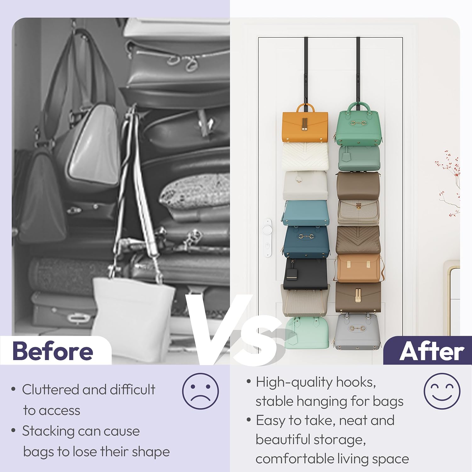 SWTYMIKI Over The Door Purse Organizer - Wall Mounted Rack with 8 Hooks for 16 Bags | Black