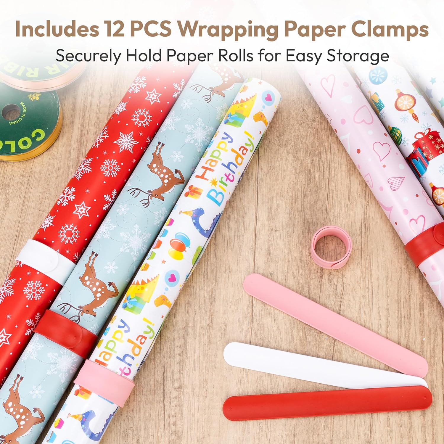 Skiennix Gift Wrapping Station - 12PCS Slap Bands & Rolling Paper Cart Organizer | Christmas Craft Storage