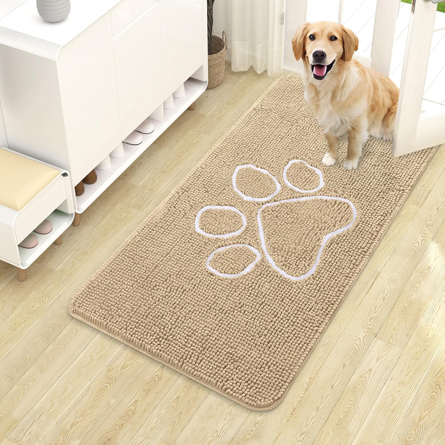 OLANLY Dog Door Mat - Absorbent Non-Slip Mud Mat for Paws | 40x24 Beige Chenille Design