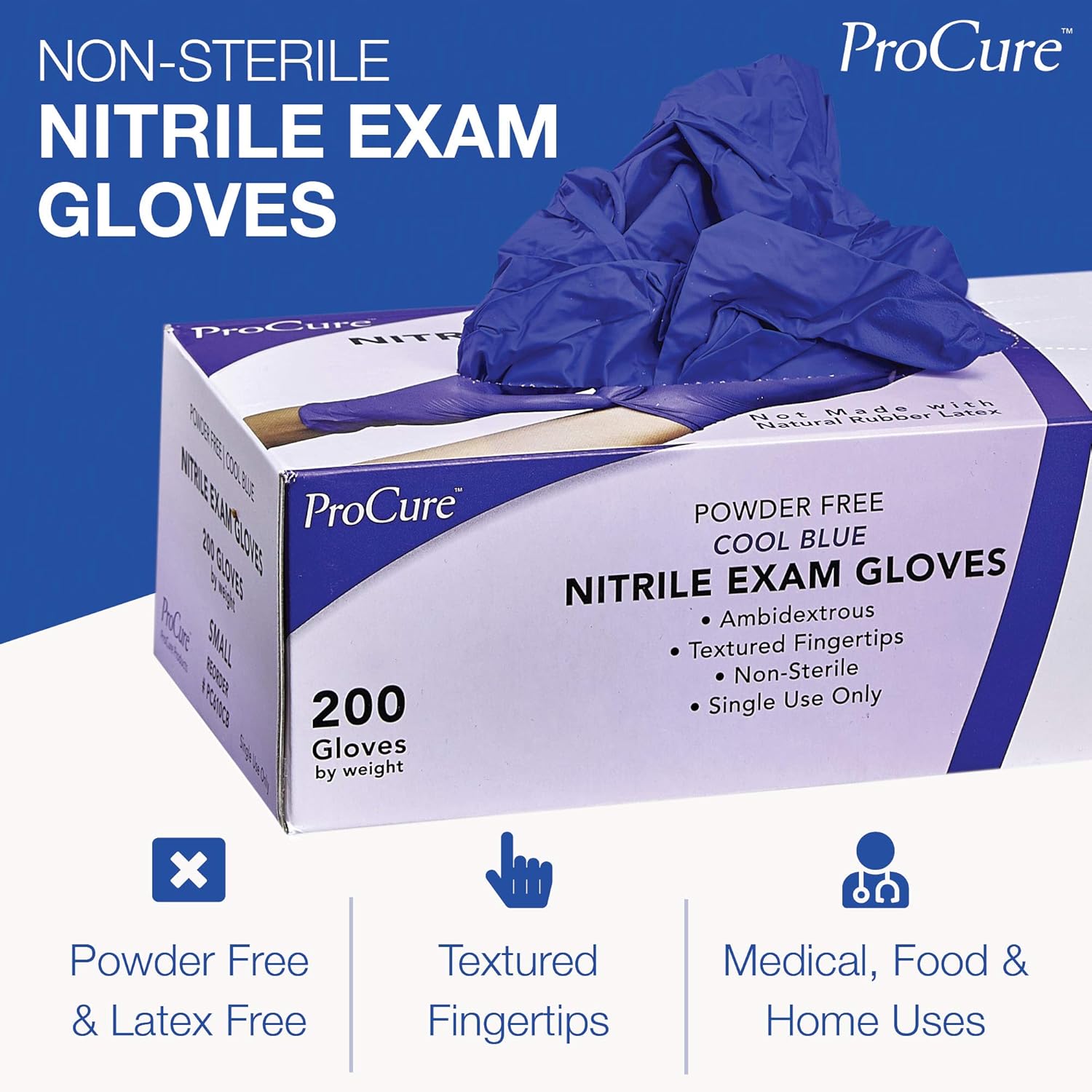 ProCure Disposable Nitrile Gloves - Latex Free & Powder Free | 200 Count Medical Exam Gloves
