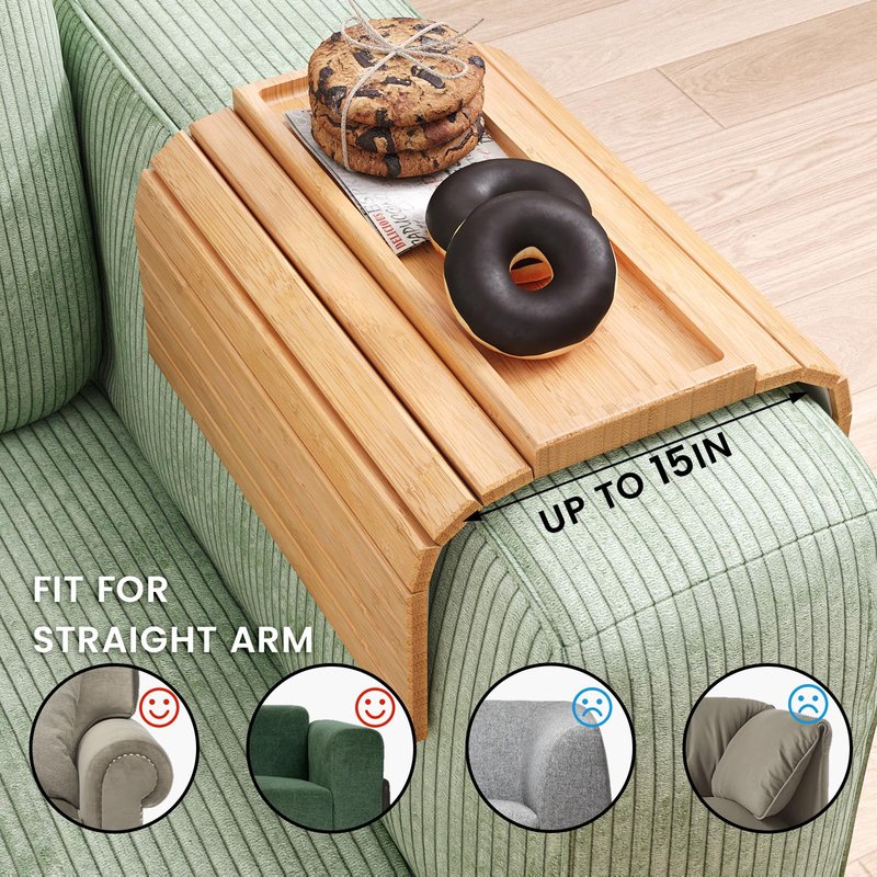 Danfoxer Sofa Arm Tray,Bamboo Folding Couch Arm Tray,Sofa Armrest Trays with Anti-Slip Pad for Drinks,Snacks,Phone,Remote Control（Natural）