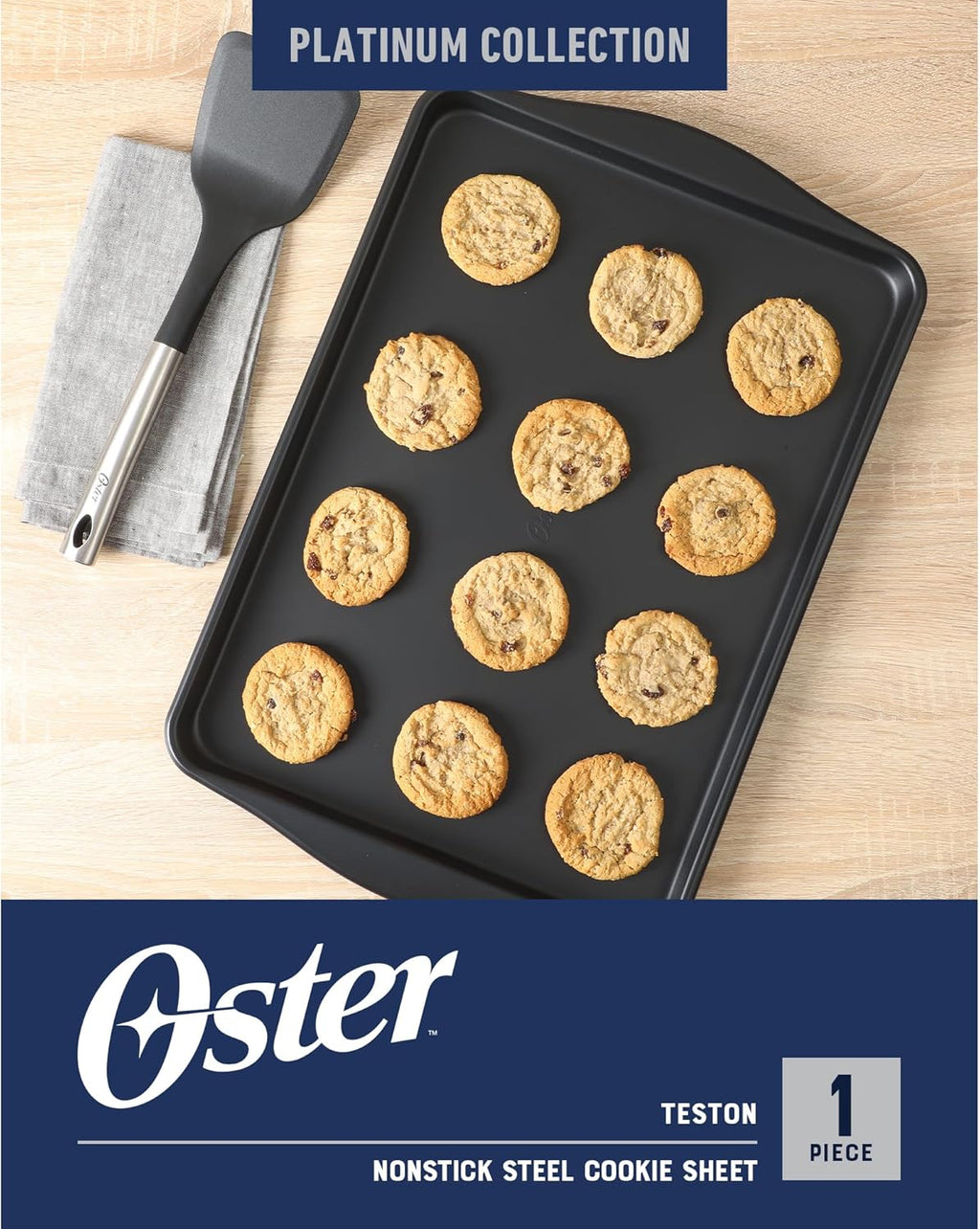 Oster Teston Nonstick Cookie Sheet - 18 x 13 Inch Carbon Steel Baking Pan, PFAS-Free, Warp-Resistant, Matte Black