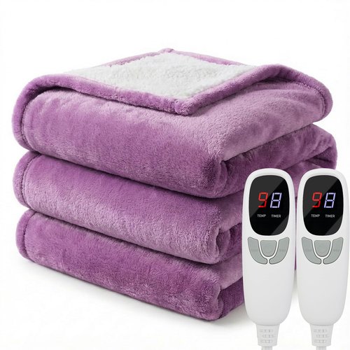 Heated Electric Blanket Queen Size 84"x90" Heating Blanket with Dual Control 9 Heating Levels 10 Timer Modes Auto Off, Fast Heating Over-Heat Protection Ultra Soft Flannel ETL Certified, Purple