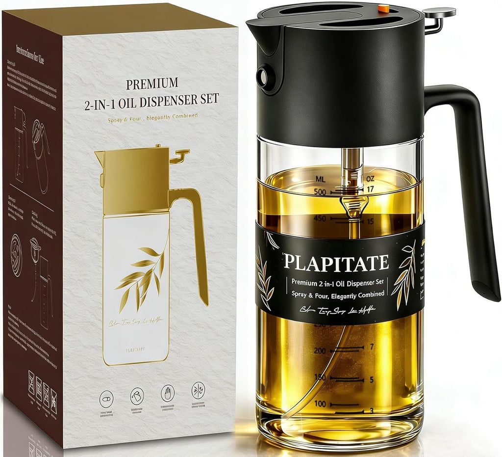 PLAPITATE Premium Olive Oil Sprayer - 2-in-1 Glass Dispenser with Portion Control | 17oz Black