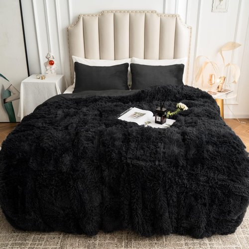 CHOSHOME Plush Shaggy Duvet Cover King Size, 3 PCS Fluffy Comforter Fuzzy Flannel Bedding Sets(1 Faux Fur Duvet Cover + 2 Pillowcases), Zipper Closure & 8 Corner Ties, Black