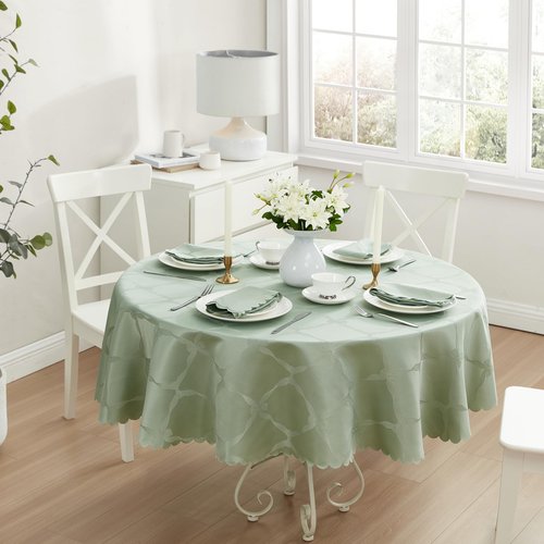 Newbridge Ribbons and Bows Damask Spring & Easter Holiday Fabric Tablecloth, Sage Green, 70 Inch Round, Wrinkle & Stain Resistant Table Cover