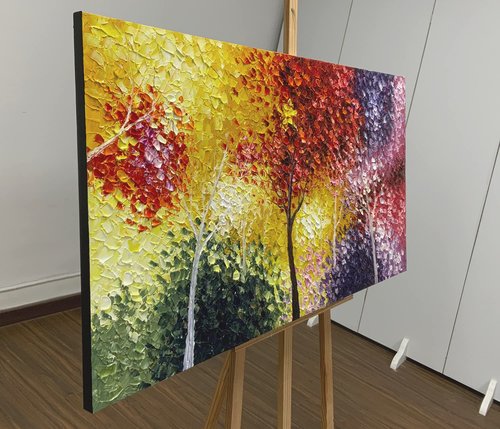 Tiancheng Art,24x48 inch 100% Hand-Painted Oil Painting Tree Wall Art Pieces Framed Canvas Paintings Contemporary Artwork Ready to Hang for Home Decoration Kitchen Office Wall Decor