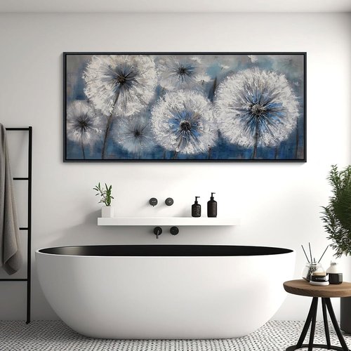 Blue Dandelion Canvas Wall Art - Large Modern Floral Print for Living Room & Bedroom Decor