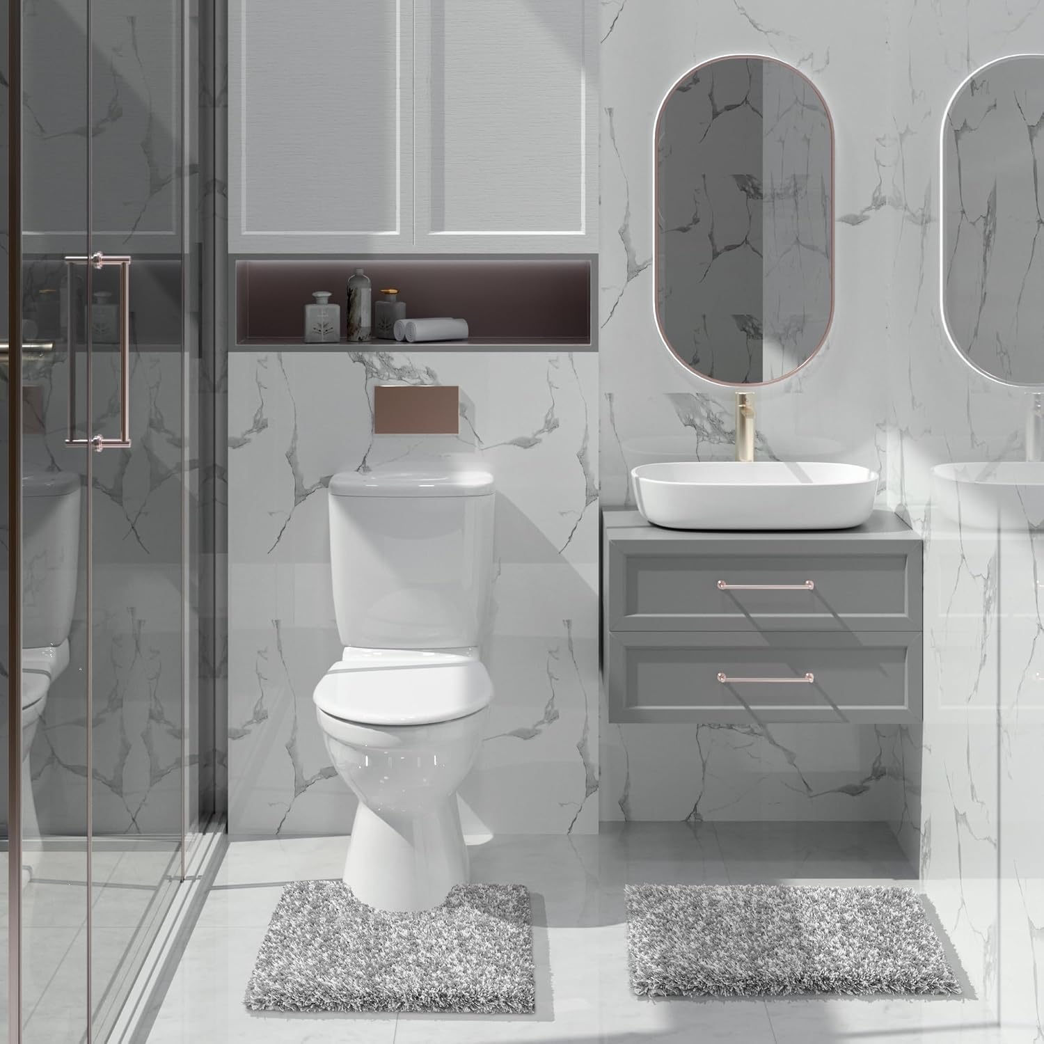 Yimobra Non-Slip Bathroom Rugs - Ultra Soft, Water Absorbent Plush Mats | 24x17 Light Gray & White