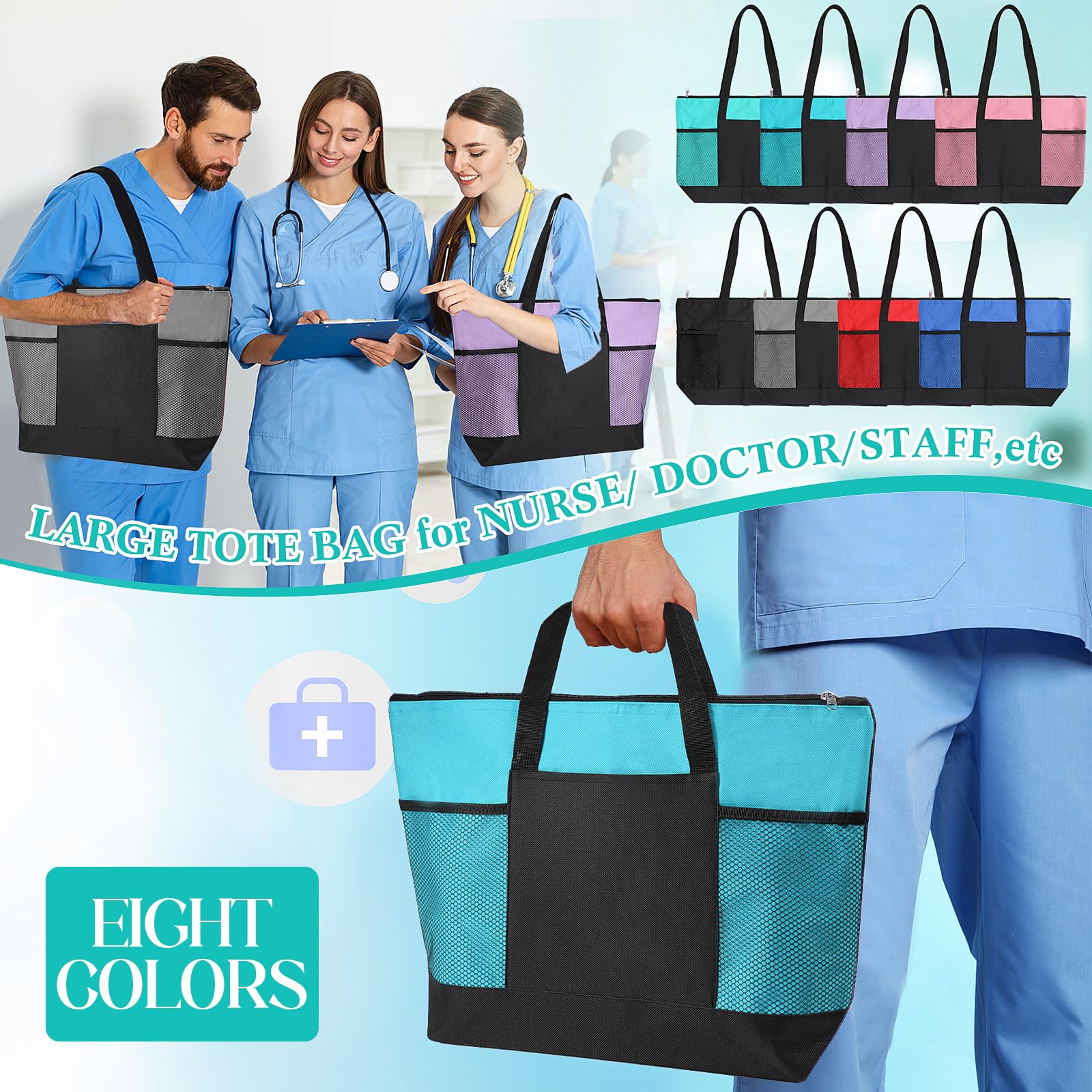 Fumete 8 Pcs Nurse Tote Bags with Pocket Employee Appreciation Gift Tote Gift Bag Bulk for Emergency Nurse Coworker Teacher