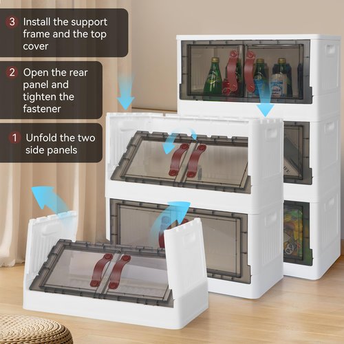 Simple Deluxe Plastic Storage Bins with Lids, 200 Qt (50 Gal) Storage Cabinet, 5 Pack Stackable Beige Closet Organizer, 20.5 x 11.4 x 52.4Inch Foldable Plastic Storage Container with Door