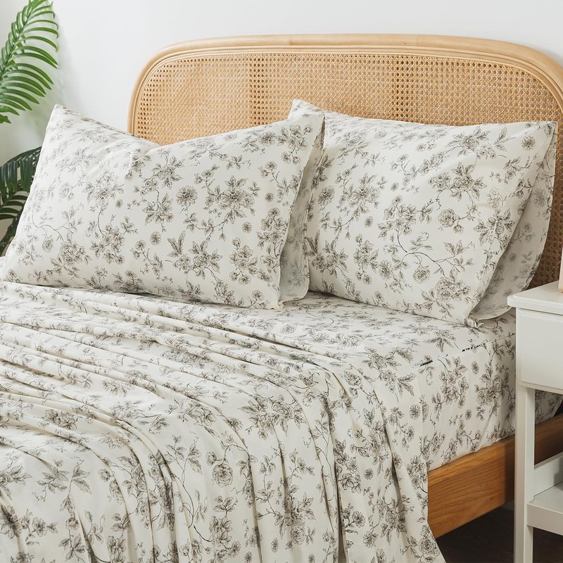 Zusbest California King Tan Floral Sheets 100% Cotton Beige Patterned Bed Sheet Set Vintage Peony Flower Toile Printed Bedding Soft Breathable Crisp Percale Sheets Deep Pocket 17.5'', 4 Pcs