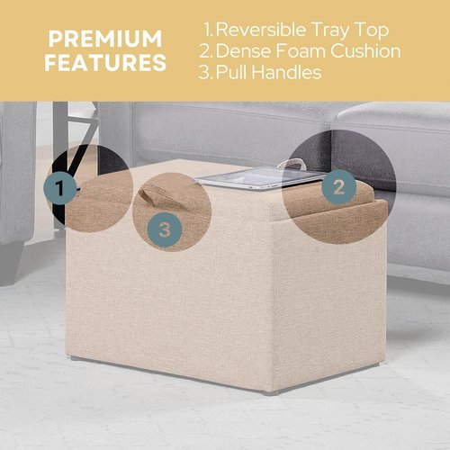 Convenience Concepts Designs4Comfort Accent Storage Ottoman 22.75" - Modern Foot Stool with Decorative Tray for Living Room, Dining Room, Office, Tan Fabric
