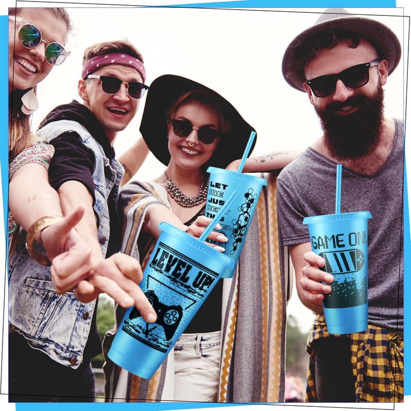 Mifoci Video Game Plastic Cups with Lids and Straws Reusable Tumbler with Lid and Straw Cute Iced Coffee Travel Cups Mug Water Bottle for Adult Kid Gaming Birthday Supplies(Blue,12 Pcs)