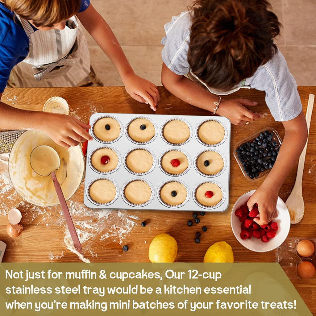 TeamFar 12-Cup Muffin Pan - Stainless Steel Non-Toxic Baking Tin | Easy Clean & Dishwasher Safe