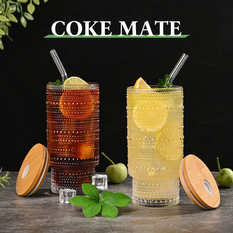 AUFXKOO 16OZ Glass Coffee Cups with Lids and Straw,4Pcs Glass Tumbler with Straw and Lid,Vintage Embossed Glassware for Whiskey Cocktail Beer,Iced Coffee Cup