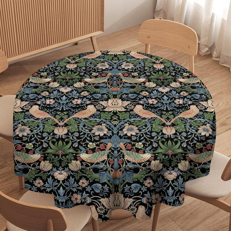 William Morris Floral Tablecloth,Flower Strawberry Birds Retro Boho Botanical Plant Table Cover, Water Resistant Wipeable Tablecloths for Kitchen Dinning Room Decor, 60"