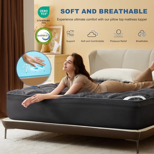 Bedlore Queen Mattress Topper - 4-Inch Dual Layer Gel Memory Foam & Cooling Pillow Top for Back Pain Relief - Gray