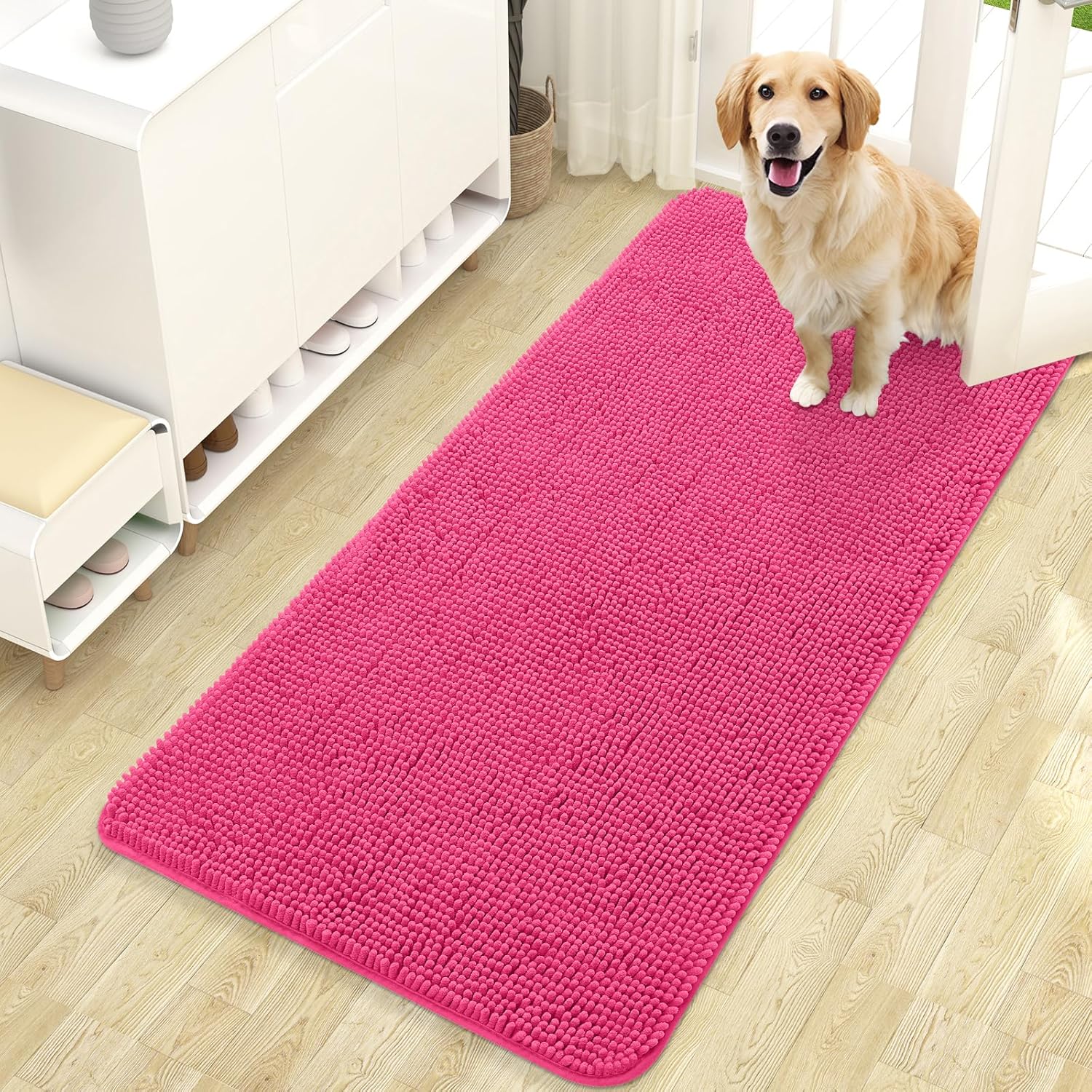 OLANLY Dog Door Mat - Absorbent Non-Slip Chenille Mat for Muddy Paws | 47x24 Inches, Hot Pink