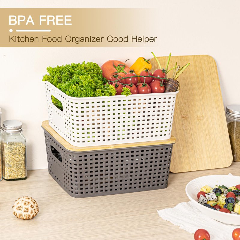 Criusia 6 Pack Plastic Storage Baskets With Bamboo Lid, Stackable Storage Baskets for Organizing Desktop Closet Shelves Drawers Pantry Organization Office Playroom Classroom