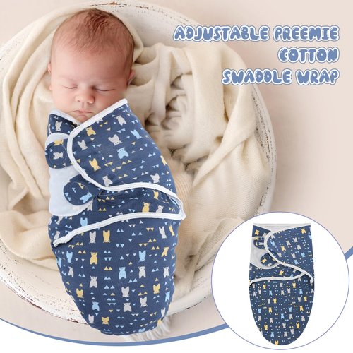 Newwiee 4 Pcs Preemie Baby Swaddle Wrap Adjustable Cotton Preemie Swaddle Blanket for Newborn Boys Girls(Bear Style,Fit for Preemies)