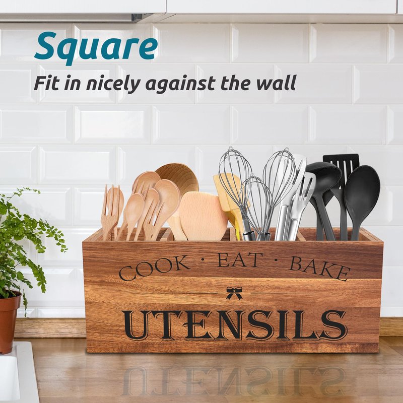 Suli Acacia Wood Utensil Holder for Kitchen Counter,Extra Large Utensils Holder with 4 Compartments,Caddy Organizer for Countertop, Farmhouse Kitchen Decor, Rustic Cooking Utensil