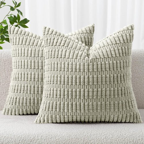 MIULEE Decorative Throw Pillow Covers - Soft Boho Striped Corduroy | Pack of 2, 16x16 Inch, Light Green
