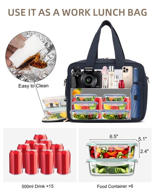 Lunch Tote Bag for Women Work, 17.3 Inch Laptop Purse with Insulated Lunch Compartment Coin Wallet for Meal, Large Puffy Quilted Travel Duffle Bag Blue