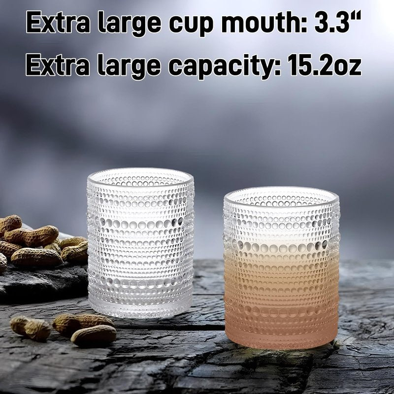 WANYISHUN Set of 4 Hobnail Drinking Glasses,15.2 Oz Romantic Water Glasses, Clear Embossed Design Vintage Glassware, Cocktail Glasses, Beaded Drinking Glasses for Water, Beer, Juice(15oz+4")