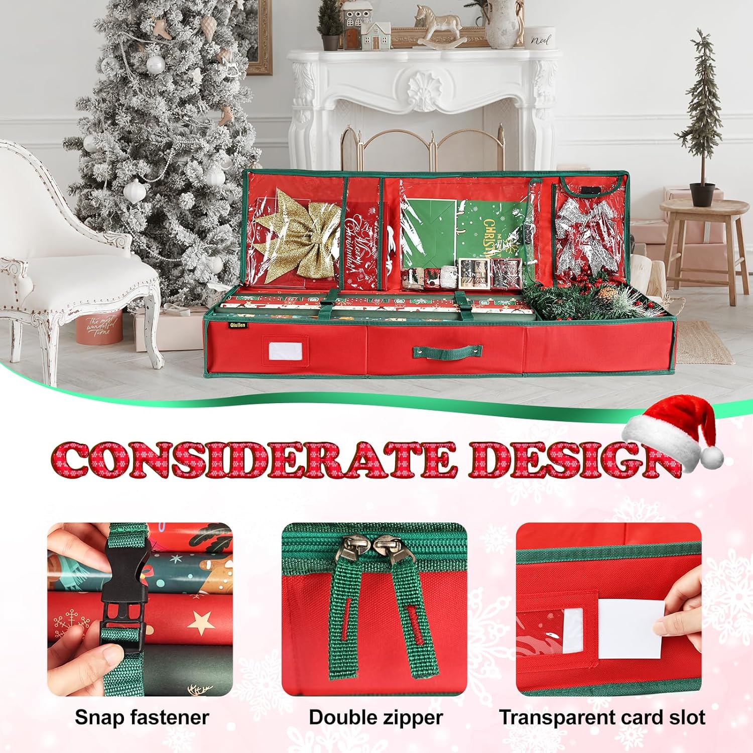 Skiennix Gift Wrap Organizer - Large Capacity Christmas Wrapping Paper Storage Bag | Sturdy 600D Oxford Fabric (Red)