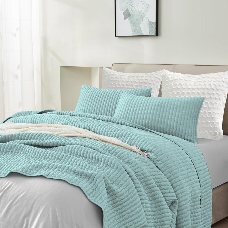 Wonderful 3PC Jersey Knit Reversible Queen Quilt Set, Lightweight Summer Comforter, Luxurious Breathable, Soft Cozy Stretchy, Carbon Brushing, Fade Resistant, Machine Washable (Dusty Turquoise, Full)