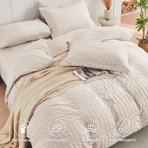 HYMOKEGE Queen Comforter Set - Lightweight 3-Piece Bedding Set with Down Alternative Comforter & Pillow Shams | Beige