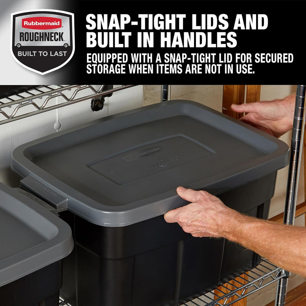 Rubbermaid Heavy Duty Black Storage Bins - Durable, Stackable Plastic Totes with Lids | 14 GAL, 6 Pack