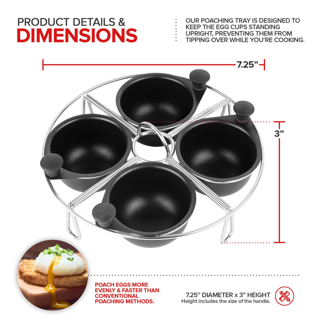 Modern Innovations Stainless Steel 4-Cup Egg Poacher Tray - Complimentary Silicone Mitt - Egg Poacher Insert for Poaching Eggs & Eggs Benedict - Poached Egg Maker Compatible with Most Pans