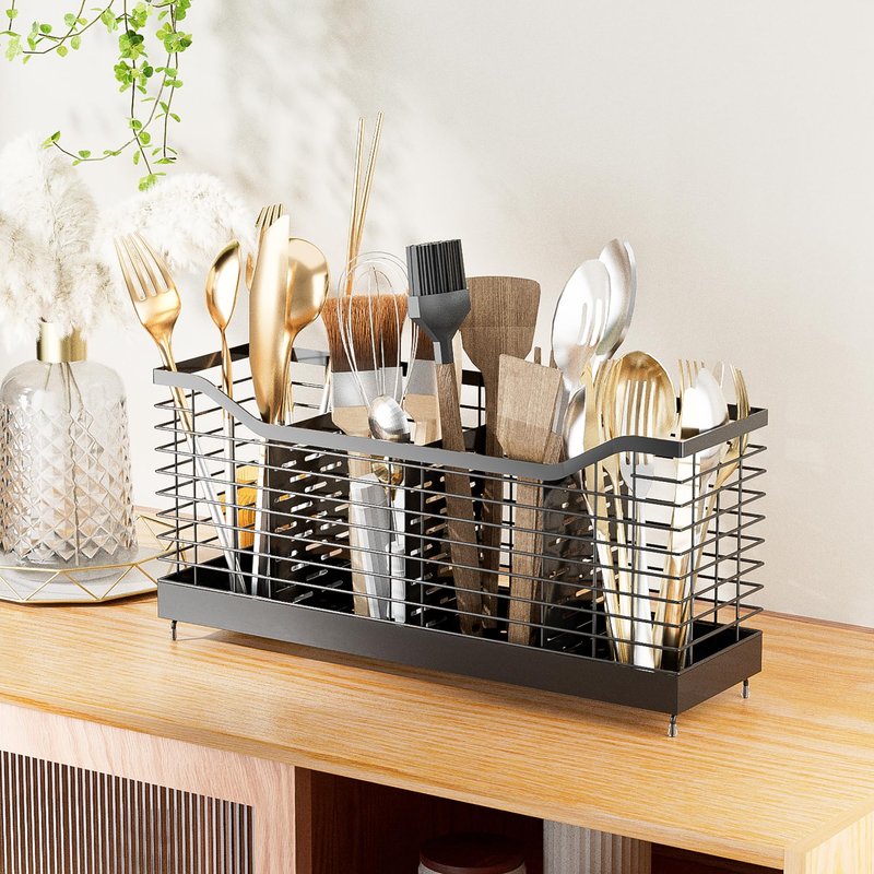 Uninol Utensil Holder for Countertop - Black, 15.8" x 4.3" x 7.5", Spoon & Kitchen Utensil Rack Organizer