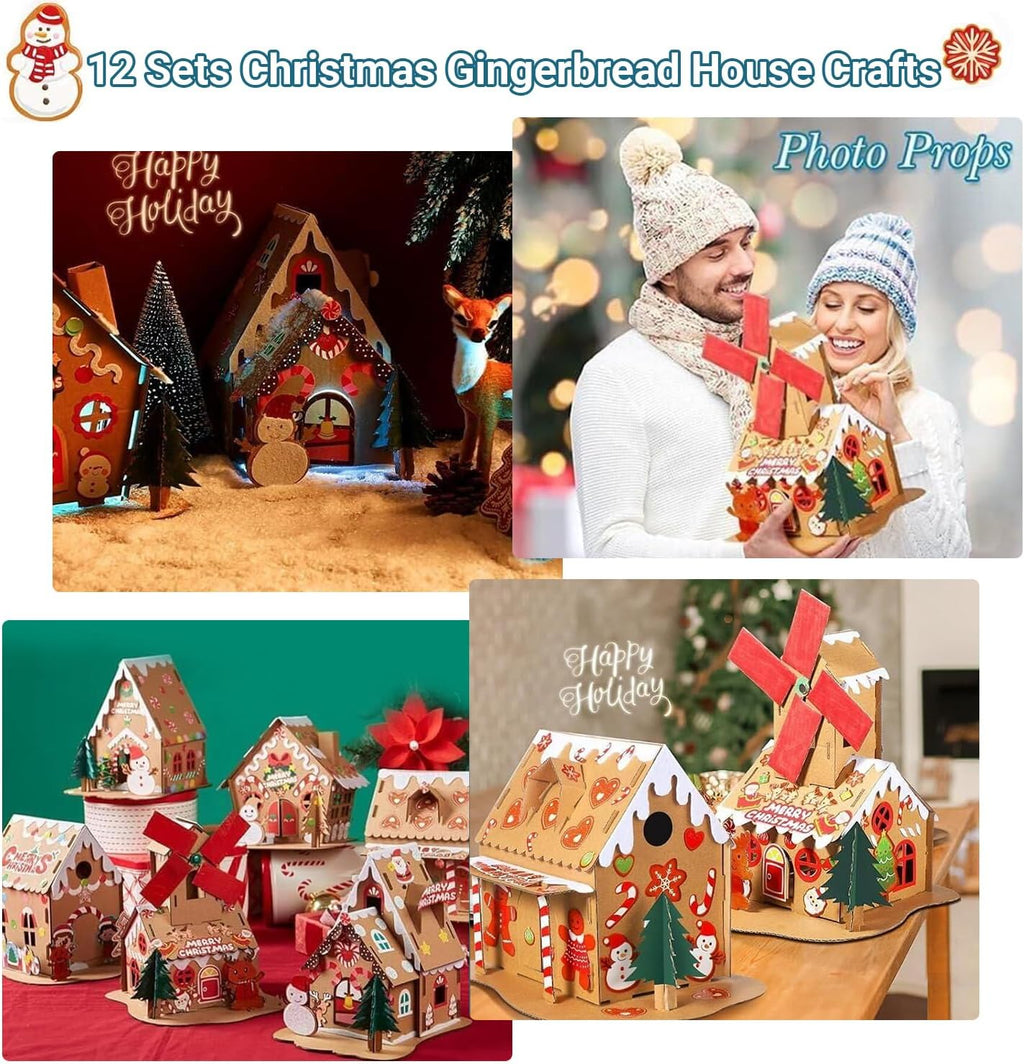 Skiennix Christmas Gingerbread House DIY Kit - 12 Pack Cardboard Houses for Kids & Adults, Festive Holiday Fun