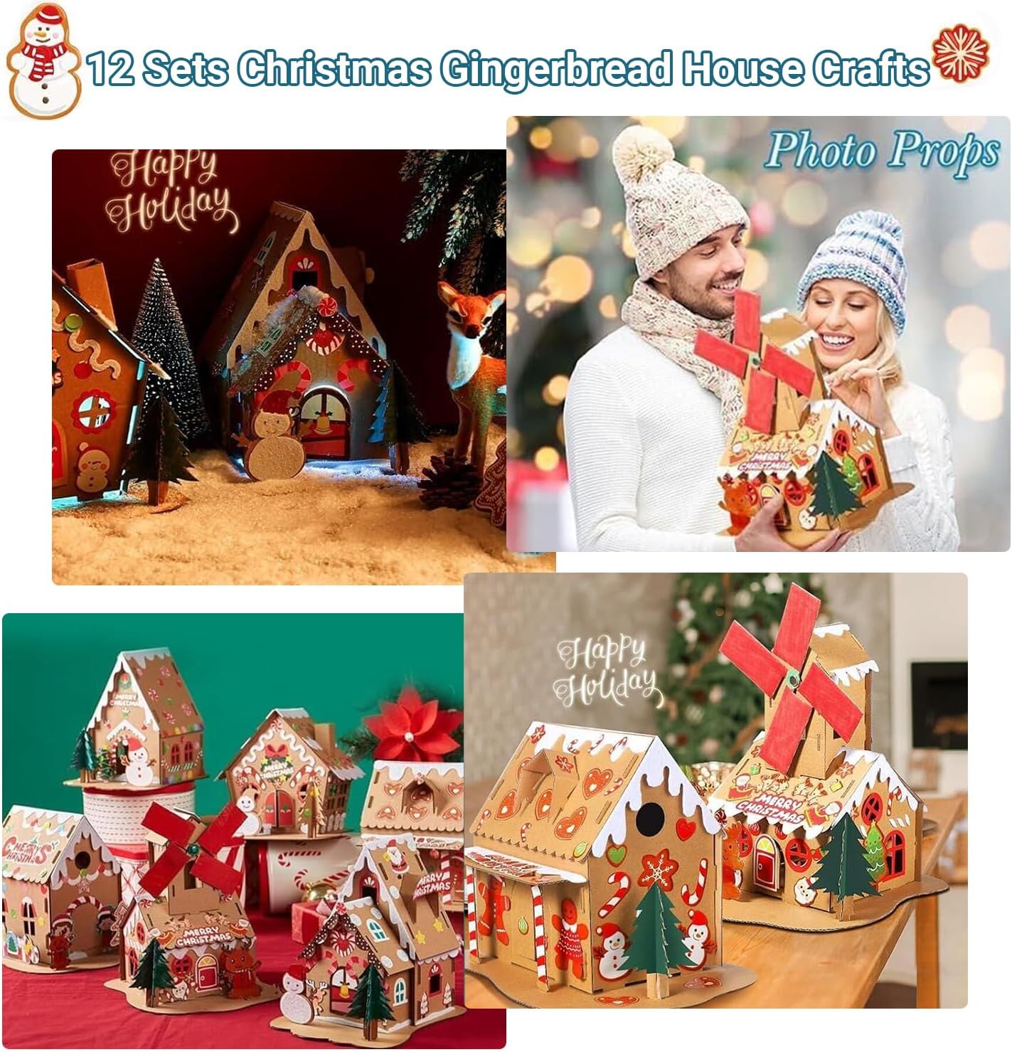 Skiennix Christmas Gingerbread House DIY Kit - 12 Pack Cardboard Houses for Kids & Adults, Festive Holiday Fun
