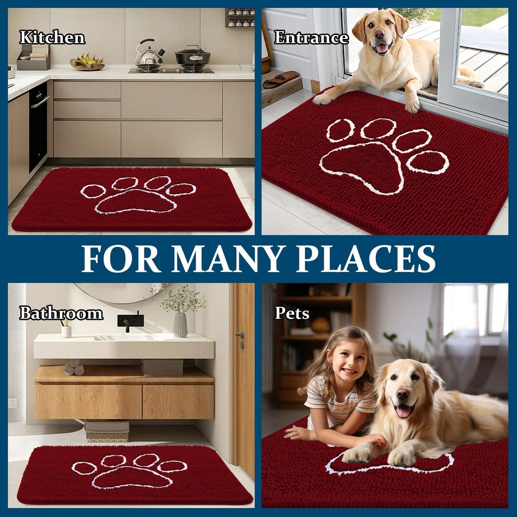 OLANLY Dog Door Mat - Absorbent Non-Slip Mud Mat for Paws | 24x16 Inches, Quick Dry Chenille, Red