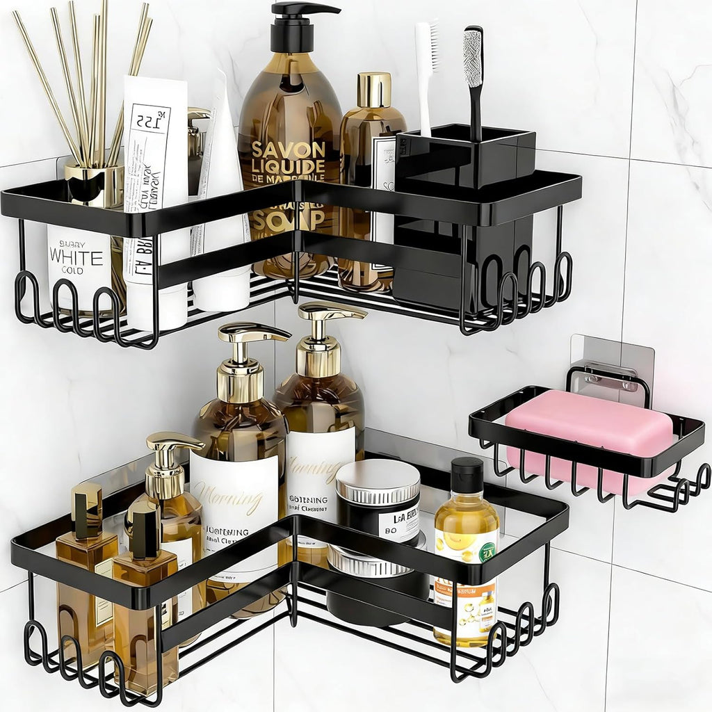 Skiennix Corner Shower Caddy - 3 Pack Rustproof Stainless Steel Organizers | No Drilling, Black
