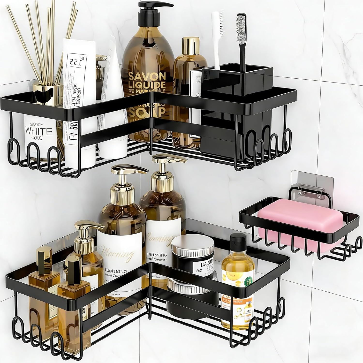 Skiennix Corner Shower Caddy - 3 Pack Rustproof Stainless Steel Organizers | No Drilling, Black
