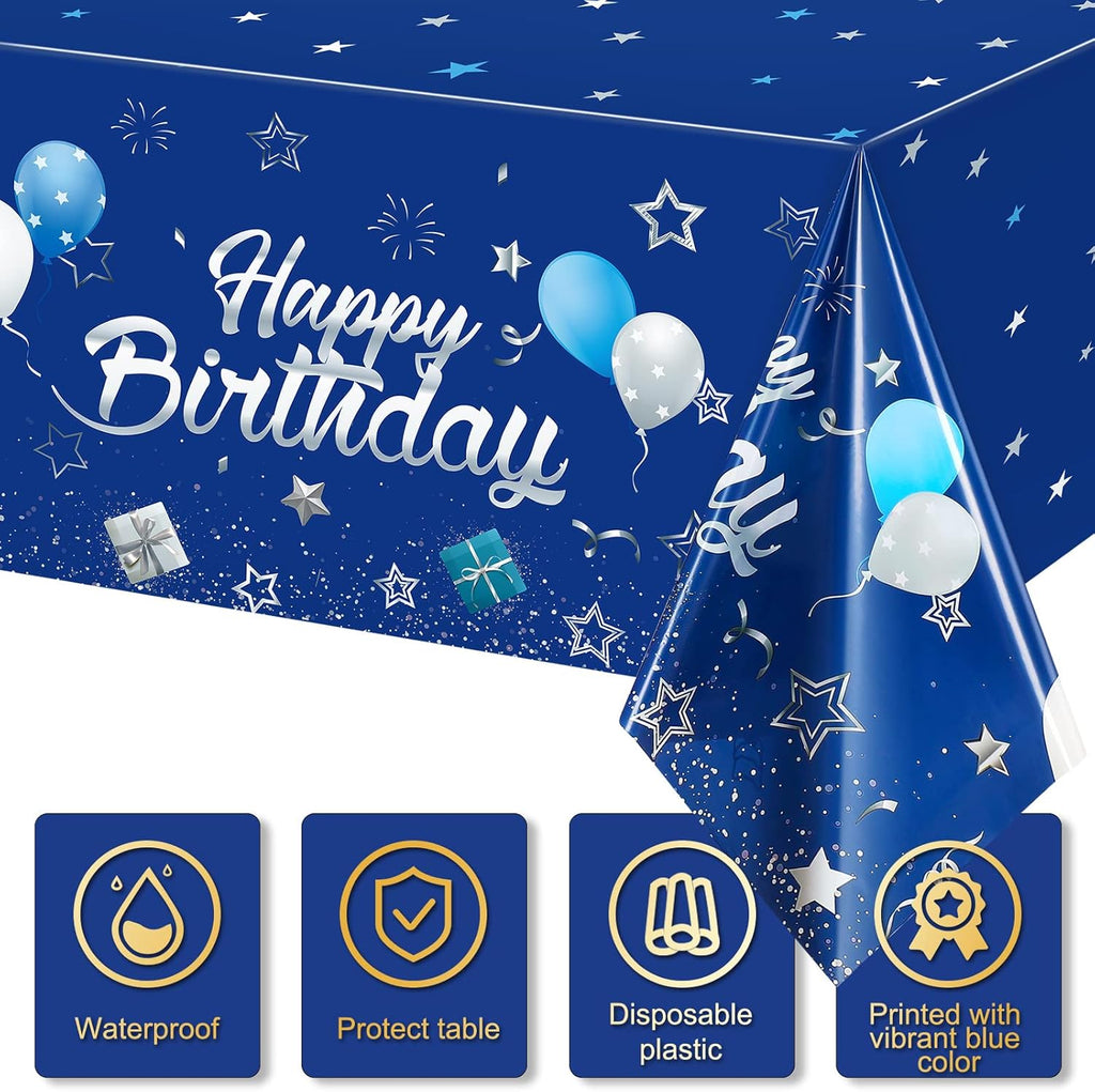Tegeme Navy Blue Party Supplies - Happy Birthday Tablecloths with Starry Confetti | 3 Pack for Kids' Celebrations