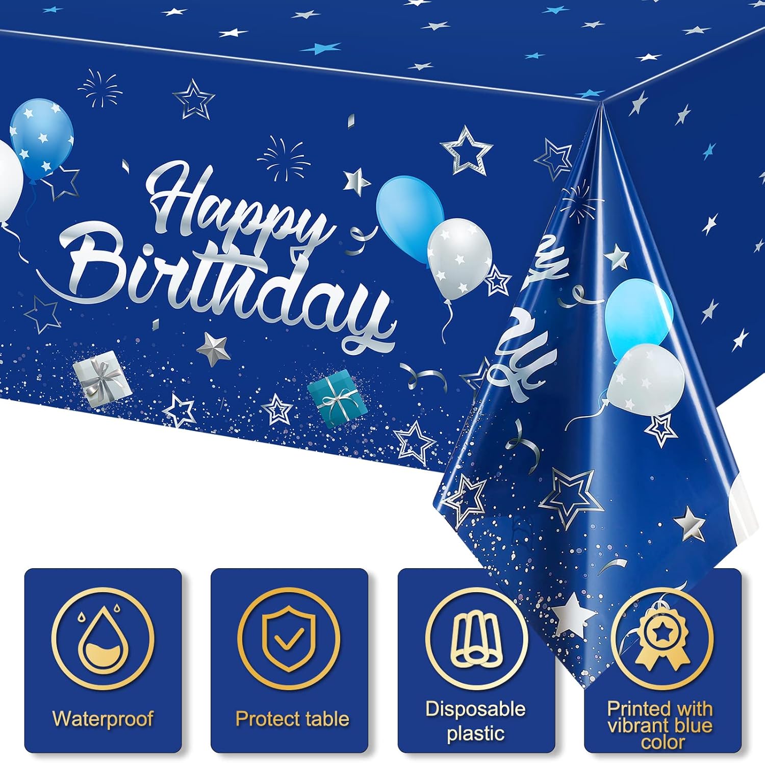 Tegeme Navy Blue Party Supplies - Happy Birthday Tablecloths with Starry Confetti | 3 Pack for Kids' Celebrations